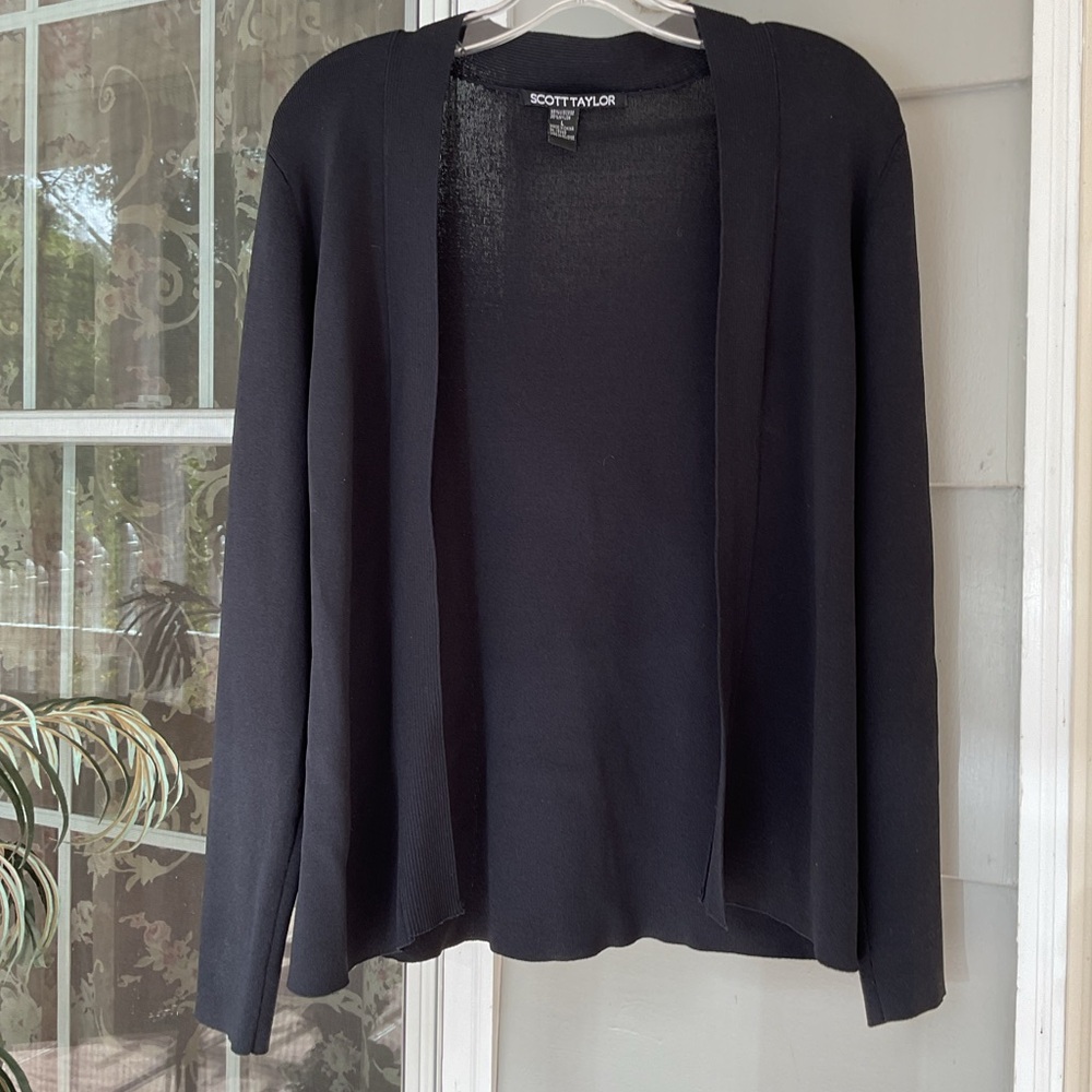 Scott Taylor Classic Dressy Cardigan Women's Large Black Open Sweater Top EUC